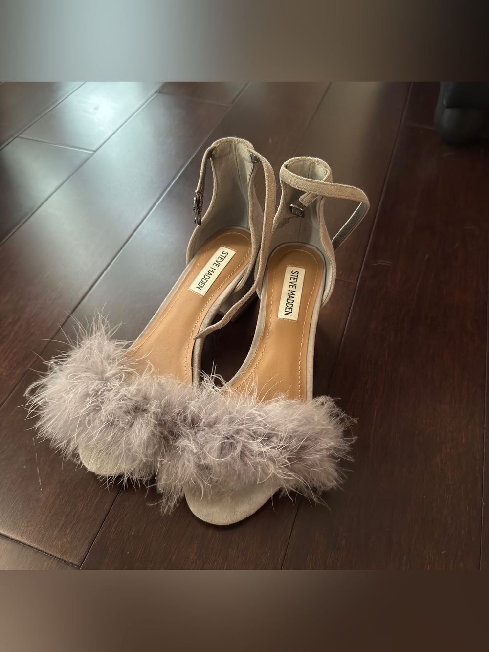 Steve Madden Taupe Feather-Trim Ankle Strap Heels